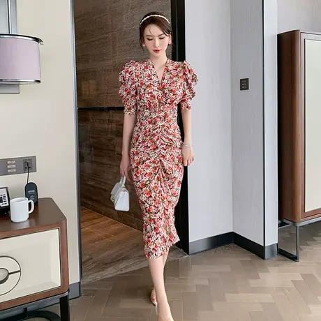 法式碎花连衣裙女夏泡泡袖茶歇裙抽绳收腰显瘦气质包臀鱼尾长款裙图片