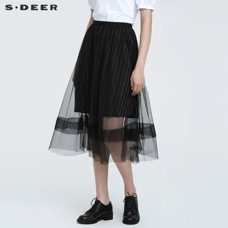 sdeer圣迪奥女22夏装新品时尚松紧条纹网纱拼接A字长裙S22281128图片