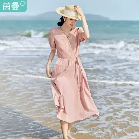 茵曼法式文艺连衣裙2023夏女装新款V领镂空泡泡袖系带收腰裙子图片