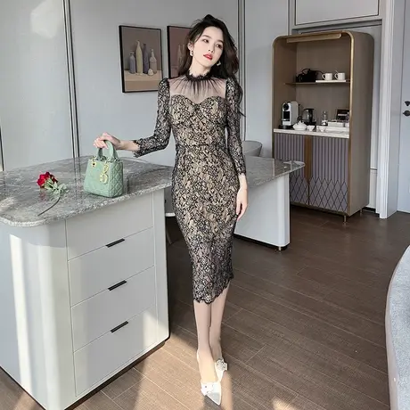 气质蕾丝长袖连衣裙女2023年秋装新款高端黑色修身显瘦中长款裙子图片