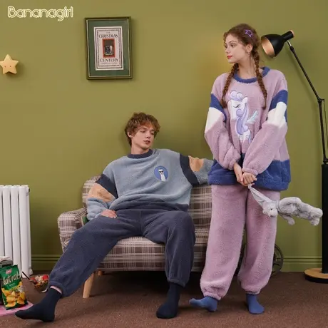 Bananagirl睡衣女秋冬珊瑚绒加厚可外穿可爱卡通可爱圆领套头情侣图片