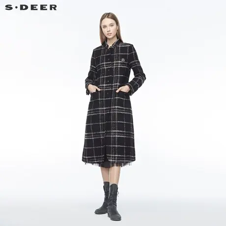 sdeer圣迪奥女装翻领单排扣撞色格纹插袋开衩休闲大衣S19481839图片