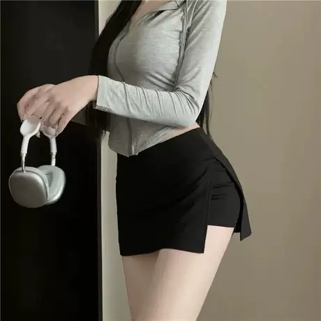 美式黑色侧开叉半身裙女夏季防走光裙裤半裙高腰显瘦a字裙短裙子图片