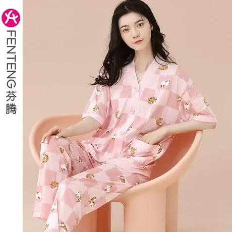 芬腾睡衣女纯棉夏季薄款短袖长裤韩版甜美卡通少女全棉家居服套装图片