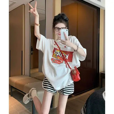 白色短袖t恤女夏季新款大码胖mm宽松百搭欧货洋气正肩上衣2-300斤图片