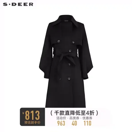 sdeer圣迪奥女装翻领双排扣收腰毛呢长款大衣S233Z2515图片