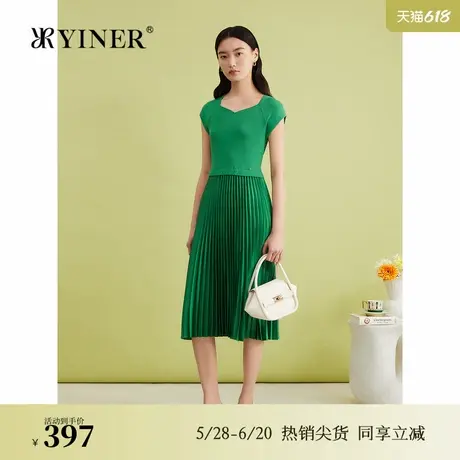 YINER音儿专选夏季法式优雅针织拼接百褶复古方领连衣裙图片