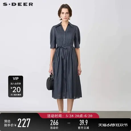 sdeer圣迪奥女装法式复古V领风琴褶收腰衬衫连衣裙S24261213图片