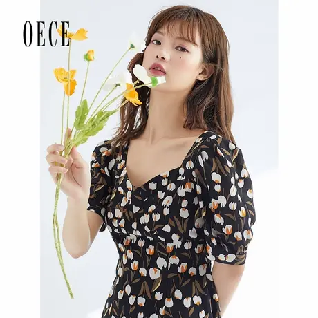 oece春夏装新款女装甜心复古少女感法式碎花方领泡泡袖连衣裙图片