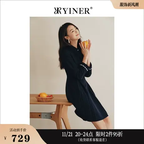 YINER音儿专选冬季简约POLO领钉珠羊毛衬衫连衣裙高级感图片