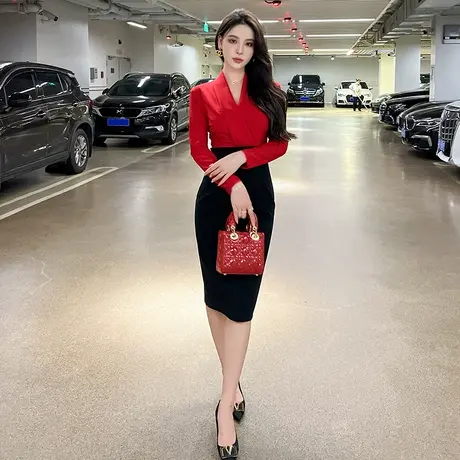 OL职业装气质连衣裙秋装新款拼接女神范修身显瘦御姐风长袖包臀裙图片