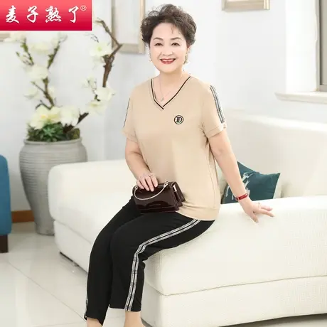 妈妈夏装短袖T恤裤子洋气两件套装阔太太新款衣服中老年人女装薄图片