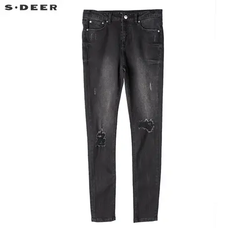 sdeer圣迪奥2019夏装女修身弹力纯色做破牛仔长裤S17280812图片