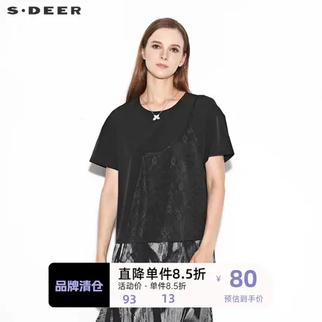 sdeer圣迪奥女装时尚圆领蕾丝拼接不规则短袖T恤S21260151商品大图