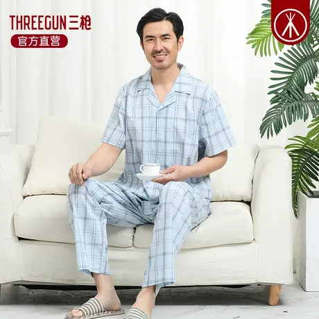三枪睡衣男薄款宽松大码梭织棉短袖长裤纯棉中年男款家居服套装图片