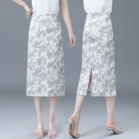 拉夏贝尔国风印花半身裙女2025夏季新款高腰中长a字开叉包臀裙子图片
