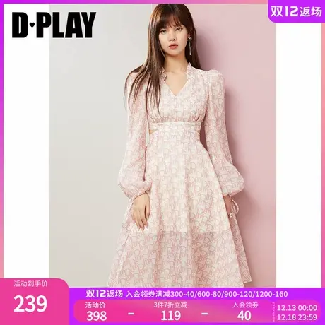 DPLAY春新款法式甜美纯欲风泡泡糖粉老花露腰V领连衣裙图片