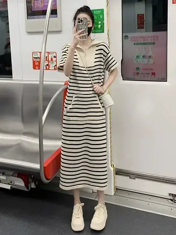大码夏装新款胖mm条纹短袖连衣裙女宽松慵懒风长款小众裙子200斤商品大图