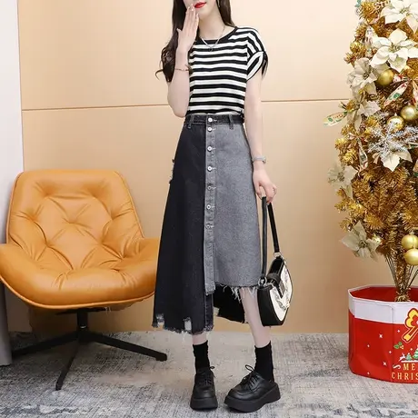 网红设计感不规则半身牛仔裙女2024新款春季宽松高腰显瘦百搭裙子图片