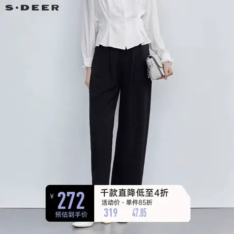 sdeer圣迪奥女装OL风松紧拼接压褶直筒宽松休闲裤长裤S223Z0849商品大图