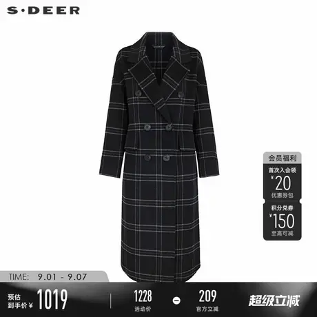 sdeer圣迪奥冬季女装西装领格纹直筒双面呢大衣S23482512图片