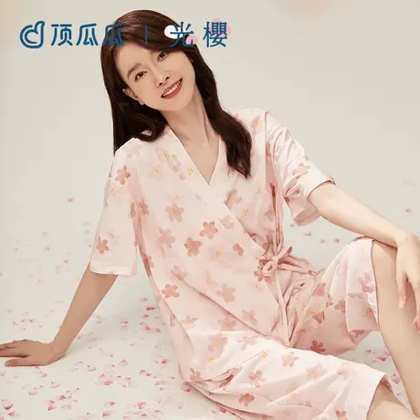 顶瓜瓜春夏季纯棉浴袍睡衣开襟短袖短裤甜美印花家居服套装图片
