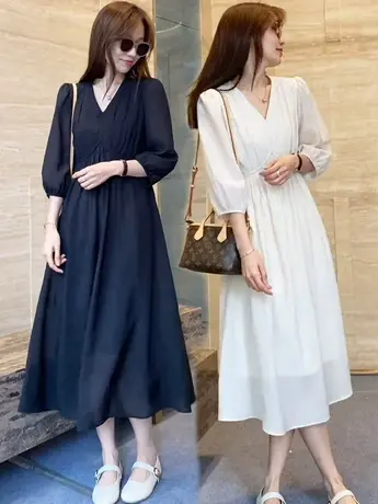 韩版高腰显瘦压褶亚麻V领连衣裙女2023夏季新款气质甜美A字中长裙图片