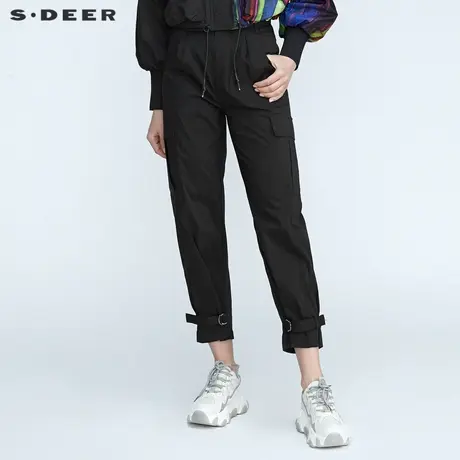 sdeer圣迪奥女夏装个性腰带工装收口黑色九分裤S21280814商品大图