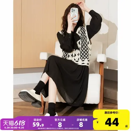 [连衣裙+马甲] 唐狮黑色长袖连衣裙女套装秋装新款气质女装长裙q6图片