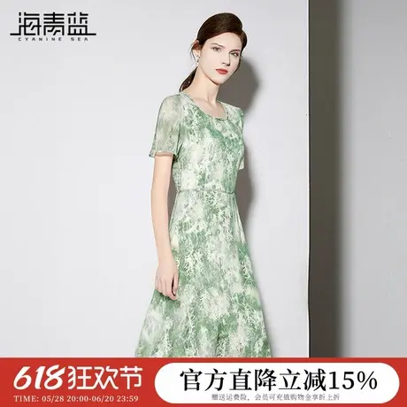 海青蓝 女装2025新款夏印花裙子中长款高级感时尚气质短袖连衣裙图片