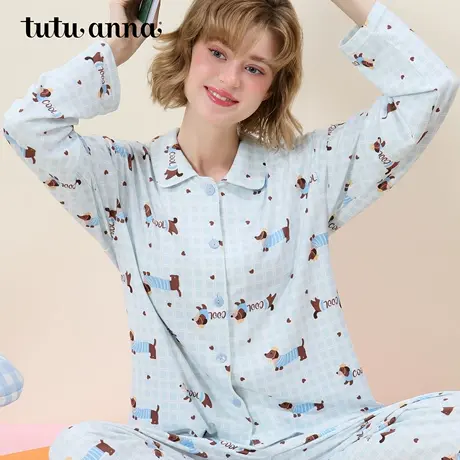 tutuanna秋季新款睡衣女 超柔面料腊肠狗满印格子前扣长袖家居服图片
