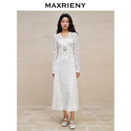 【商场同款】MAXRIENY复古宫廷氛围感连衣裙23秋冬蕾丝订婚小白裙图片