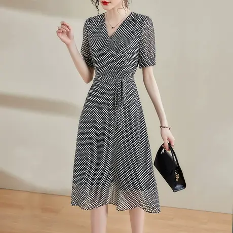 【1件7.9折】夏季新品百搭显瘦花色裙子时尚中长款短袖连衣裙图片