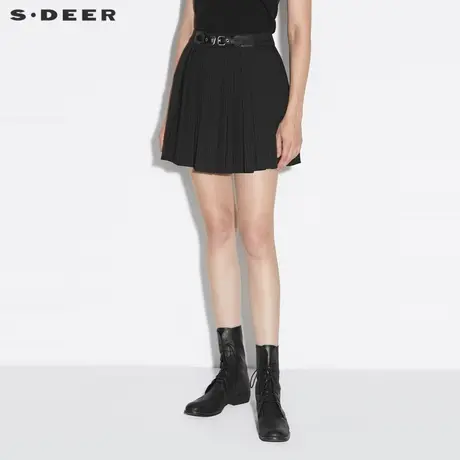 sdeer圣迪奥秋季腰带拼接撞色条纹百褶裙短裙女S21361303图片