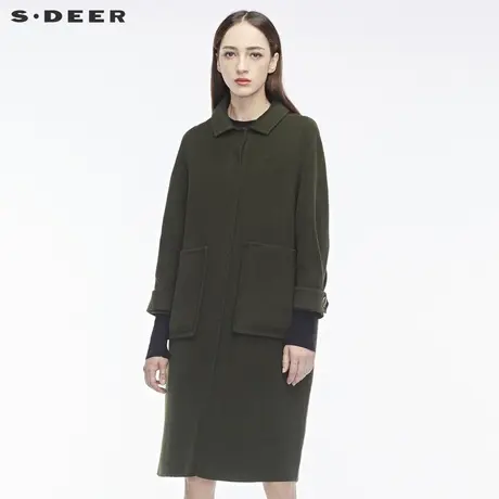 sdeer圣迪奥2018冬新款收褶造型翻领口袋军绿双面呢大衣S18481875图片