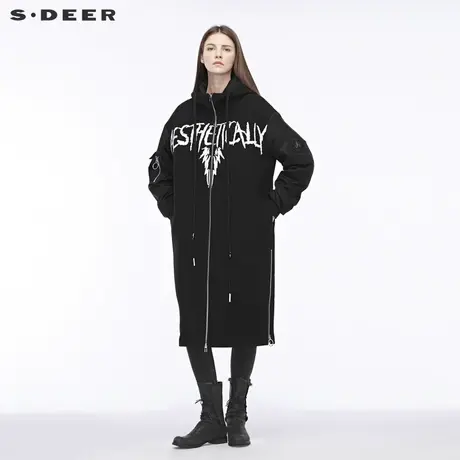 sdeer圣迪奥冬装抽绳拼接撞色连帽长款毛呢大衣外套女S18481802图片
