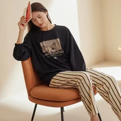 秋鹿针织棉睡衣女款春秋季圆领可爱印花长袖长裤可外穿家居服套装图片