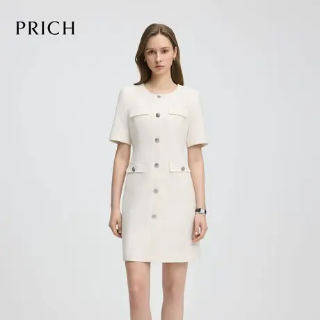 【超能小太阳】PRICH小香风短袖连衣裙2025夏新款单排扣裙子女图片
