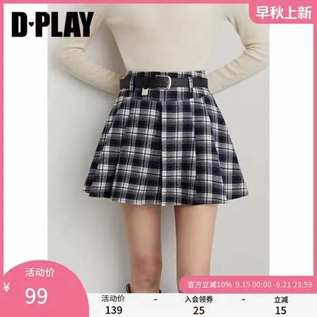 DPLAY2025年秋季新款灰色格纹半身裙女短款撞色裙子jk百褶裙短裙图片