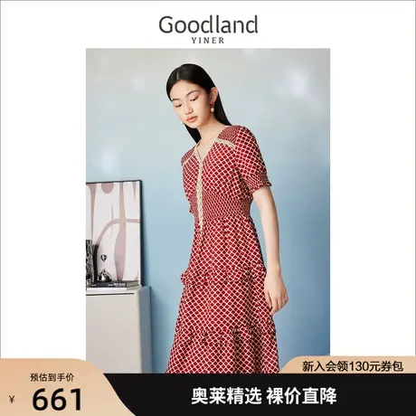 音儿美地女装2023夏季新款V领雪纺印花塔塔裙收腰显瘦连衣裙图片