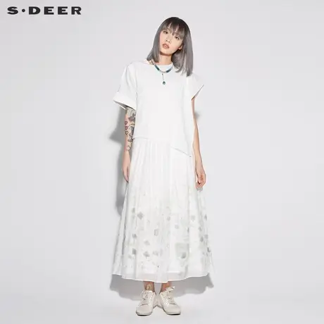 sdeer圣迪奥女装清新印花不对称设计假两件连衣裙S18281271图片