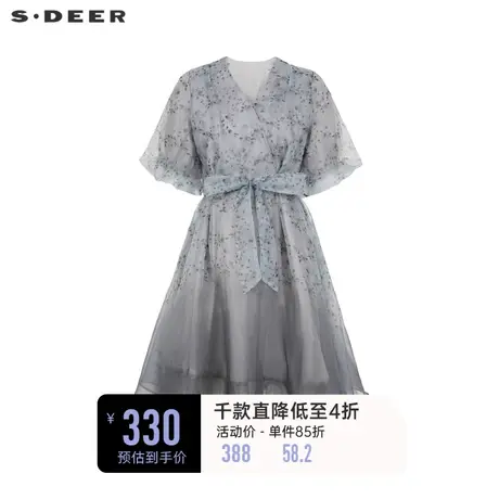 sdeer圣迪奥碎花连衣裙V领收腰网纱泡泡袖长裙S223Z12F7图片