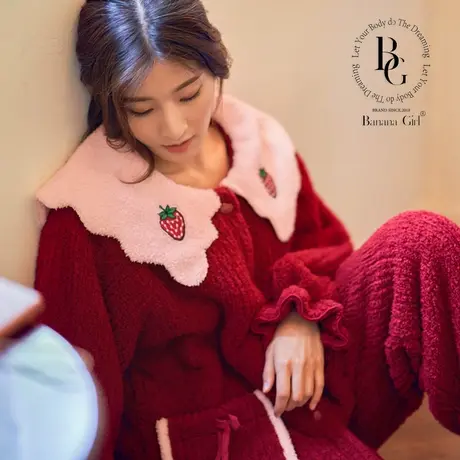 Bananagirl睡衣女秋冬珊瑚绒保暖女士甜美红色家居服套装结婚女套图片