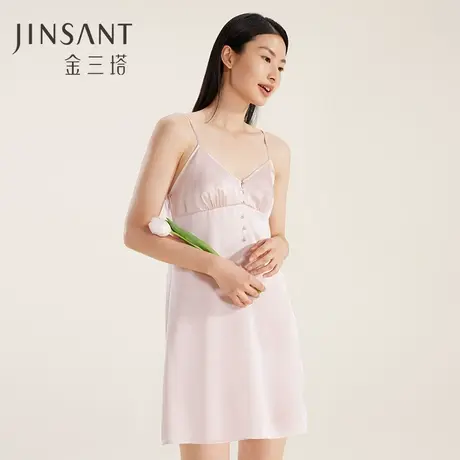 100%桑蚕丝优雅珍珠扣家居服丝滑舒适真丝素色吊带裙睡衣女金三塔图片