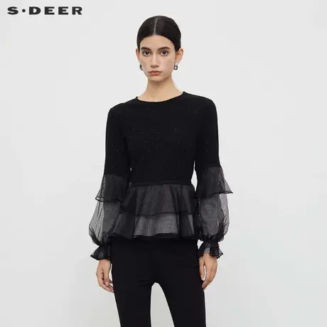 sdeer圣迪奥女装圆领荷叶边网纱拼接长袖T恤S233Z0204商品大图