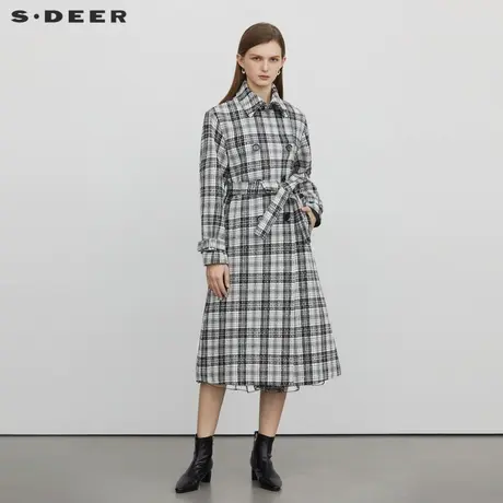 【直播间专属】sdeer圣迪奥翻领收腰撞色格纹毛呢大衣S224Z2525图片
