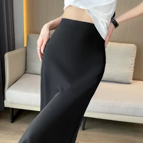 黑色醋酸半身裙女2023年夏季薄款高腰垂感时尚显瘦中长款鱼尾裙潮图片