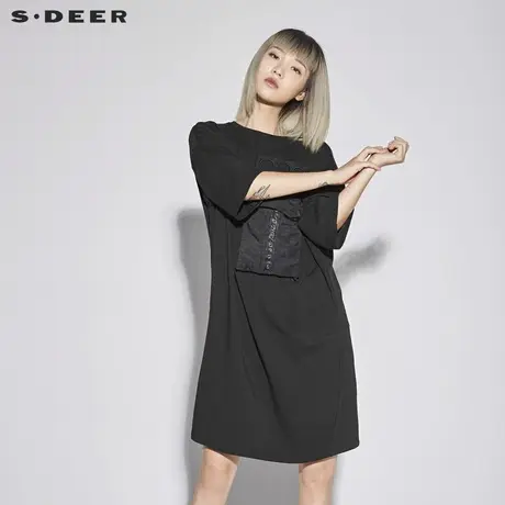 sdeer圣迪奥2019夏酷黑休闲镂空搭片解构拼接短袖连衣裙S18281264图片