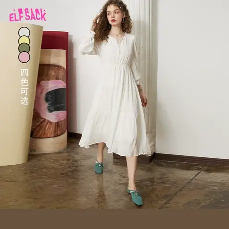妖精的口袋褶皱雪纺白色连衣裙女2024早春季新款长袖气质仙女裙子图片