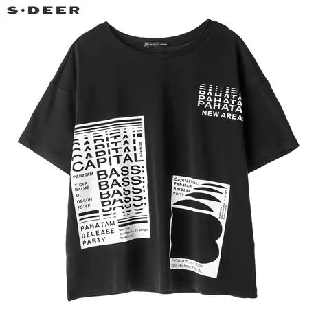 sdeer圣迪奥休闲纯黑圆领黑白印花短袖T恤S18280107商品大图